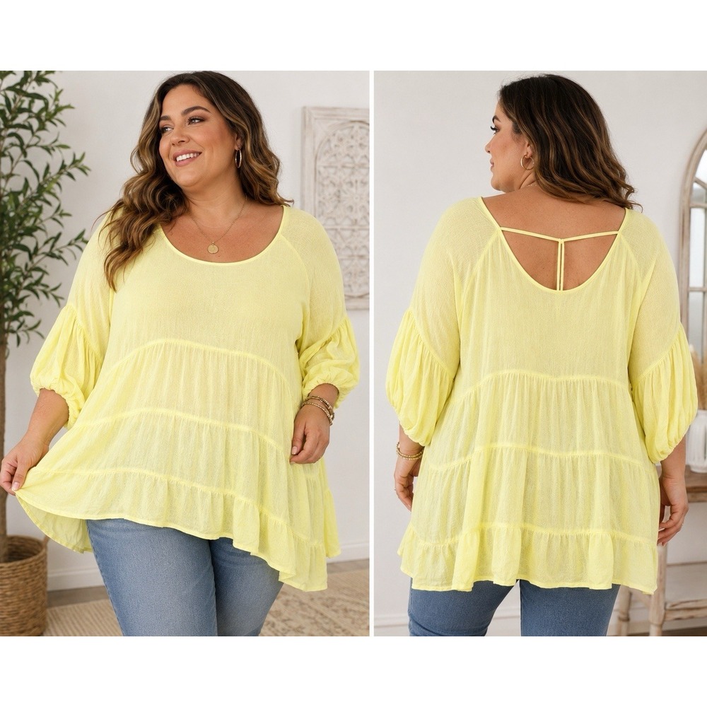 Fantasy Fawn Yellow Boho Tunic Top Large Tiered Flowy Peasant Balloon Sleeve